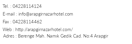 Arapgir Nazar Otel telefon numaralar, faks, e-mail, posta adresi ve iletiim bilgileri